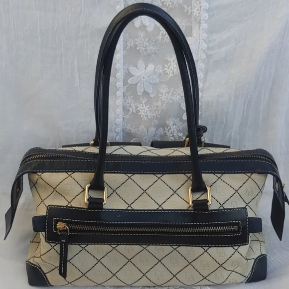 Dooney & Bourke Classic Cream Signature Canvas and Black Leather Baguette Bag - Picture 5 of 17